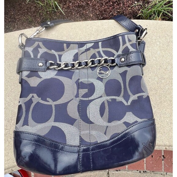 COACH Classic Signature Monogram 19820 Navy Silver Signature Chain Handbag Purse - Picture 10 of 10